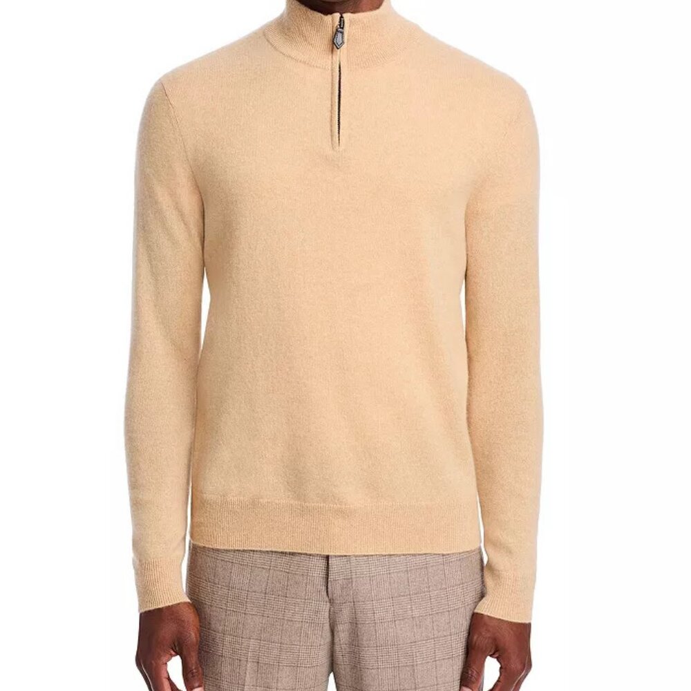 Bloomingdale's Men's Tan 1/4 Zip Cashmere Sweater - Large - New with Tags